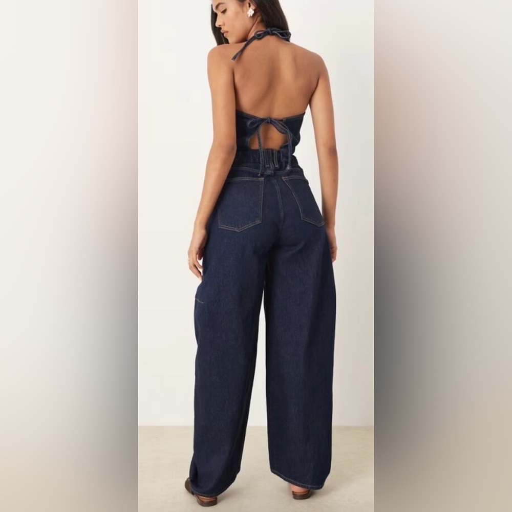 RARE Abercrombie & Fitch Dark Blue barrel-Leg Women's dark wash halter jumpsuit - Picture 2 of 7
